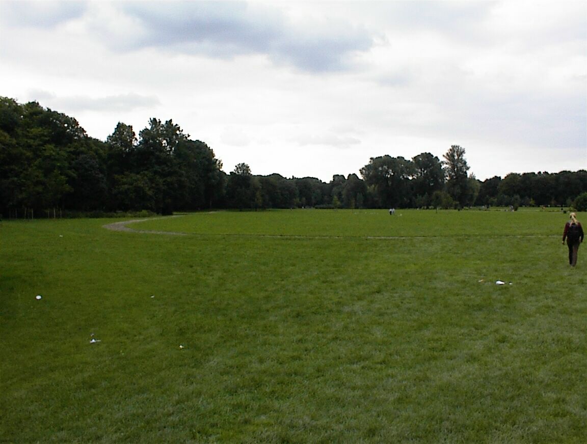 a large empty grassy area in the English Gardens in Munich